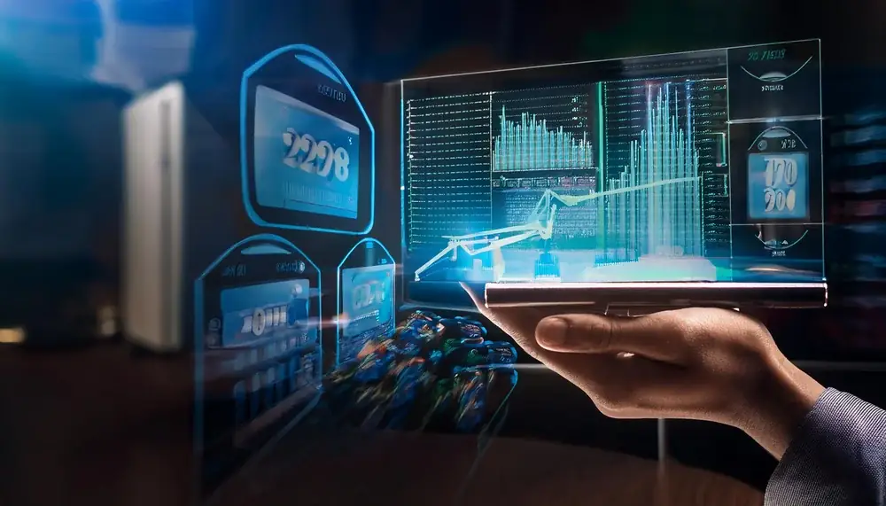 Hand holding floating holographic screens, fixing Skyexchange site access
